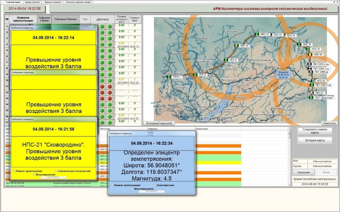 Вид главного экрана АРМ с окнами сообщений оператору о регистрации превышения уровня сейсмических воздействий и окна с параметрами зарегистрированного землетрясения