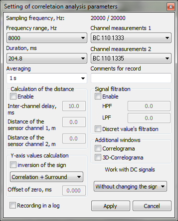 Cross-correlation analysis - Setting of correlation analysis parameters