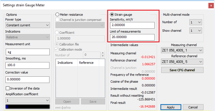 Strain gauge tab of the Strain gauge meter program