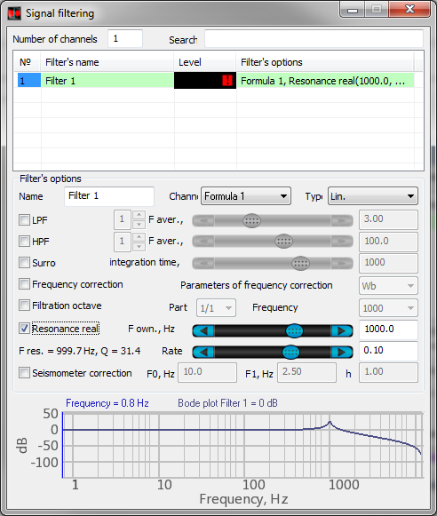 Generating signal from a file - Signal filtering program window - settings