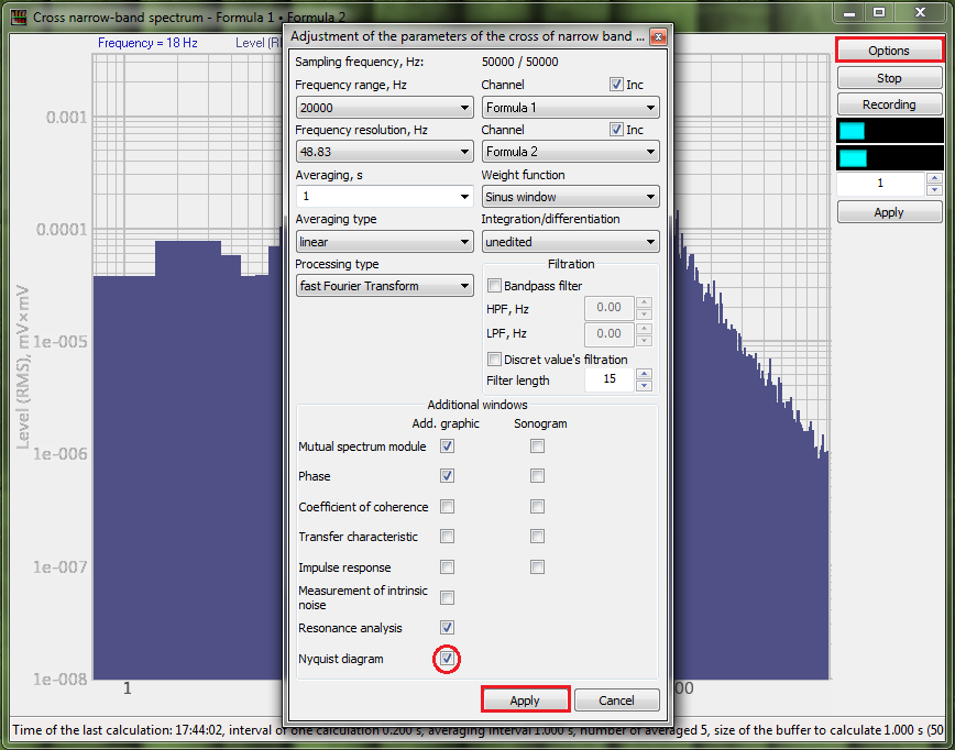 Cross narrowband spectrum - Nyquist diagram - Parameters configuration