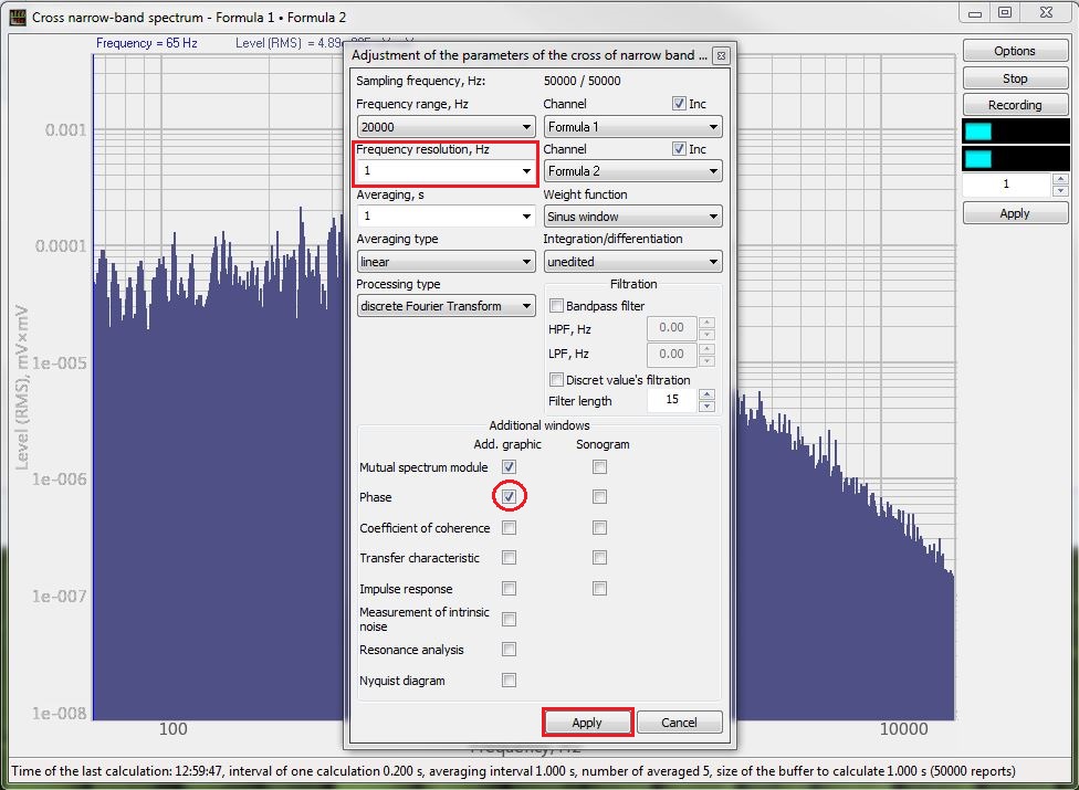 Cross narrowband spectrum - Parameters configuration window