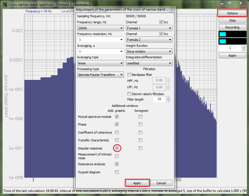 Cross narrowband spectrum program - additional windows - pulse response characteristics - parameters configuration