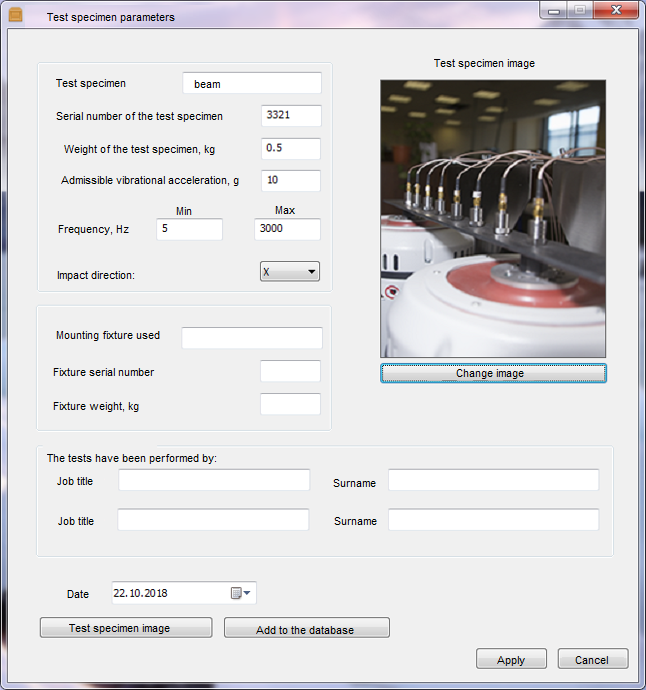 Test specimen parameters - Main interface of the program