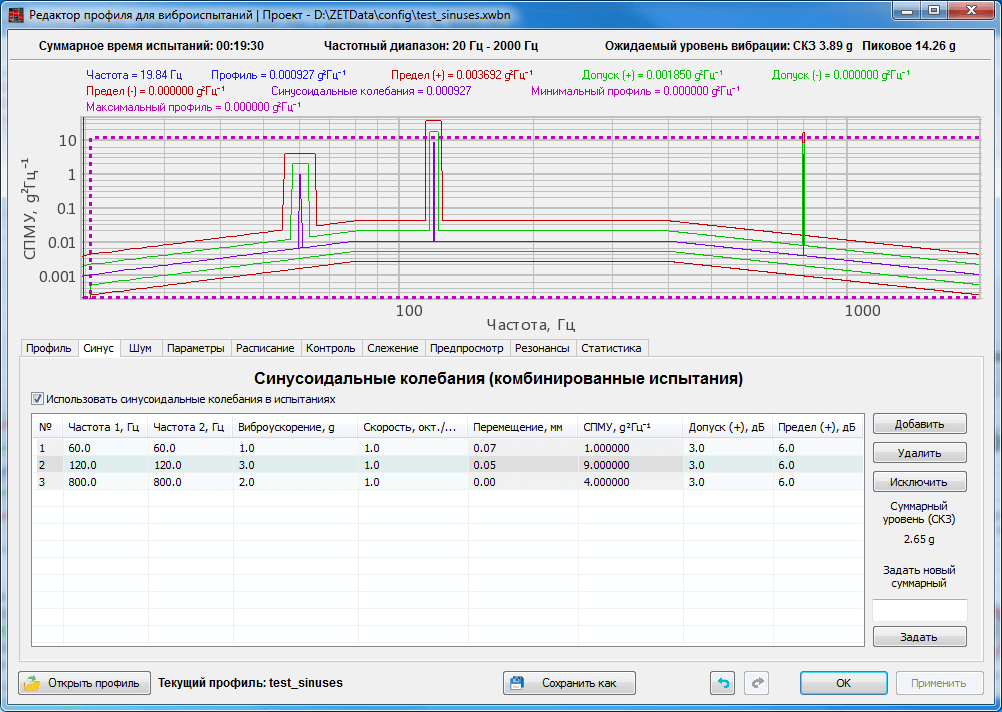 Sine-on-Random - SoR - configuration of the specimen testing parameters