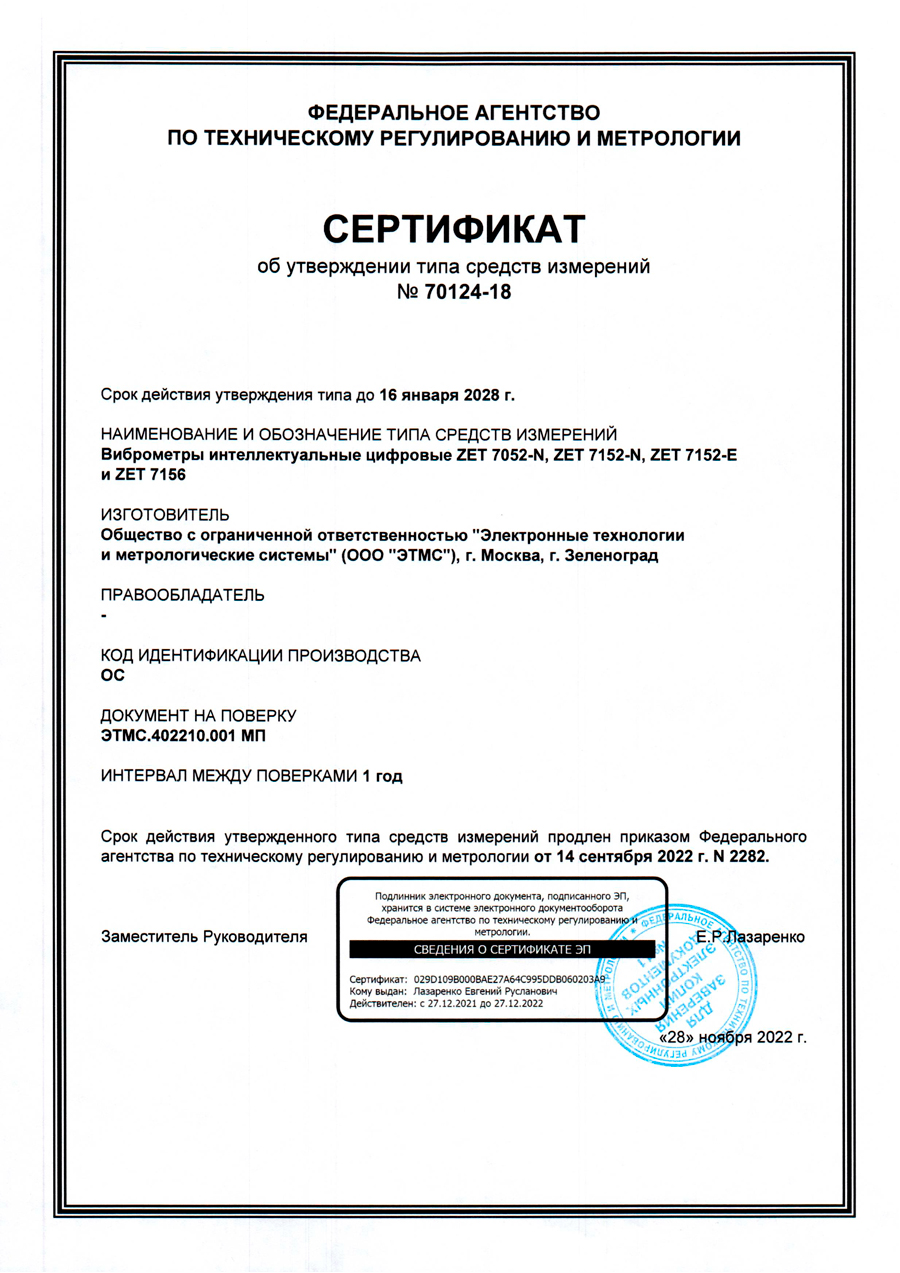 Цифровые виброметры ZET 7052, ZET 7152, ZET 7156 Сертификат